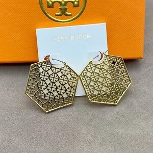 Tory Burch Gold Hexagonal Cutout Logo Drop Earrings